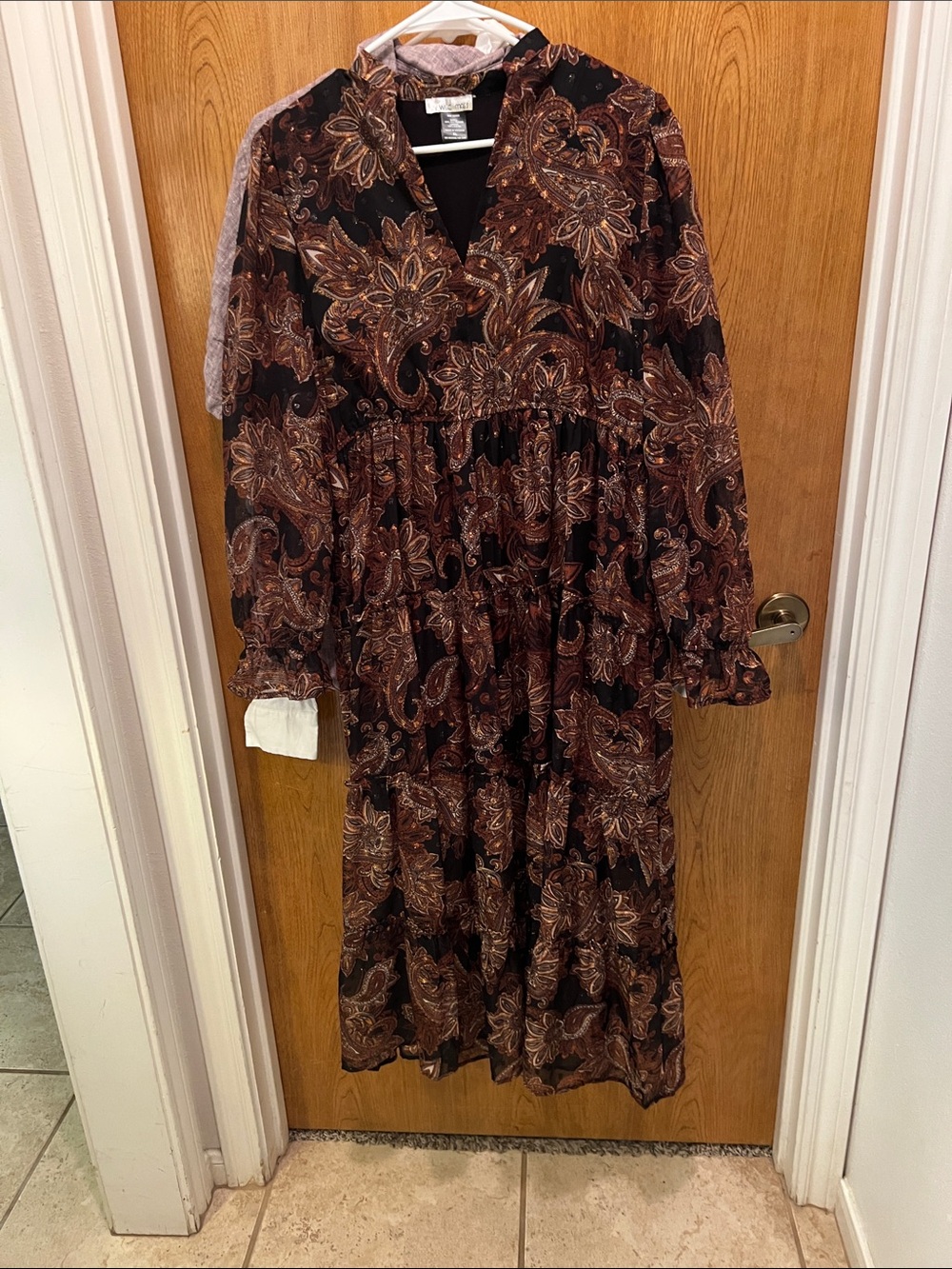 Long-Sleeve Paisley Tiered Maxi Dress - Brown
